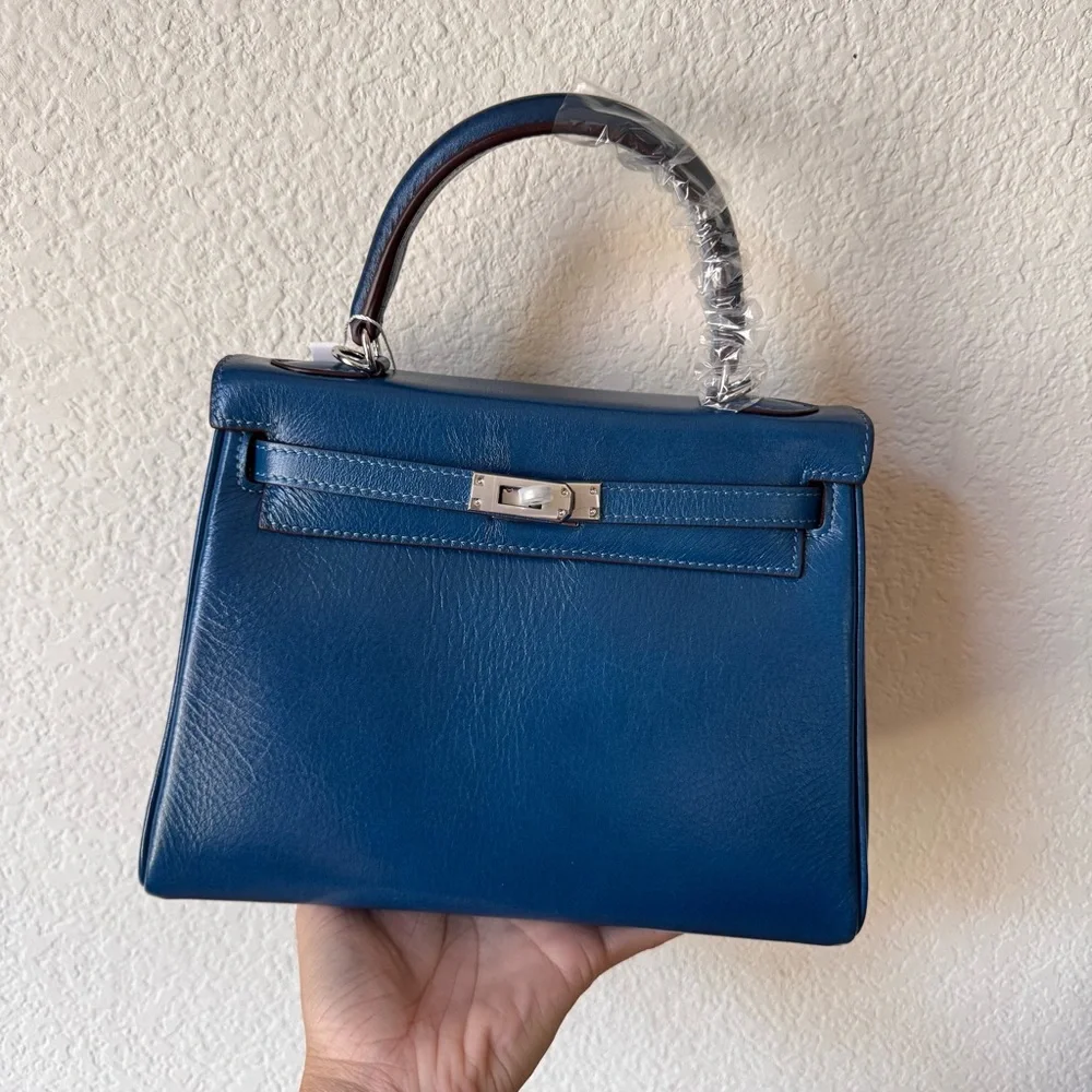 LEATHER INSIDE & OUT | Teal Blue Crinkle 25 KL Belted Satchel Bag Top Handle S17